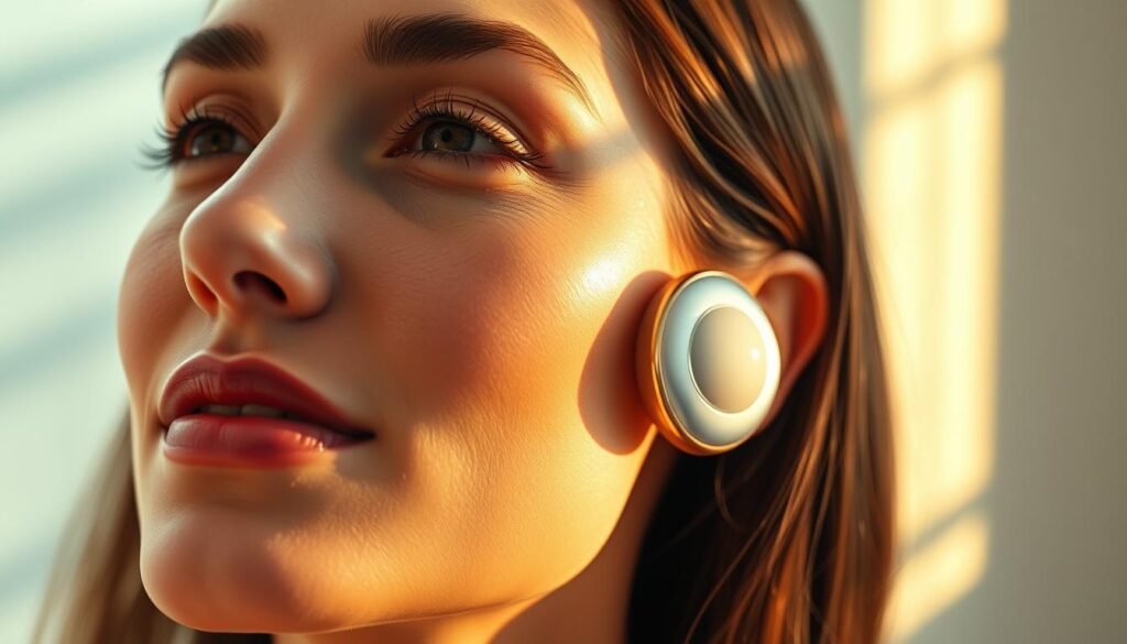 A close-up of a woman's face, illuminated by a warm, natural light. Her skin has a healthy, radiant glow, and her features are smooth and youthful. The image focuses on the application of Glowin' Beaute's "Oligio X 原美電波" product, highlighting its transformative effects on the skin. The middle ground showcases the device, its sleek design and discreet application on the woman's cheekbone. The background subtly suggests a serene, spa-like environment, creating a soothing, relaxing atmosphere. The overall composition conveys the idea of a non-surgical, rejuvenating skincare solution that can help reverse the signs of aging. A close-up of a woman's face, illuminated by a warm, natural light. Her skin has a healthy, radiant glow, and her features are smooth and youthful. The image focuses on the application of Glowin' Beaute's "Oligio X 原美電波" product, highlighting its transformative effects on the skin. The middle ground showcases the device, its sleek design and discreet application on the woman's cheekbone. The background subtly suggests a serene, spa-like environment, creating a soothing, relaxing atmosphere. The overall composition conveys the idea of a non-surgical, rejuvenating skincare solution that can help reverse the signs of aging.