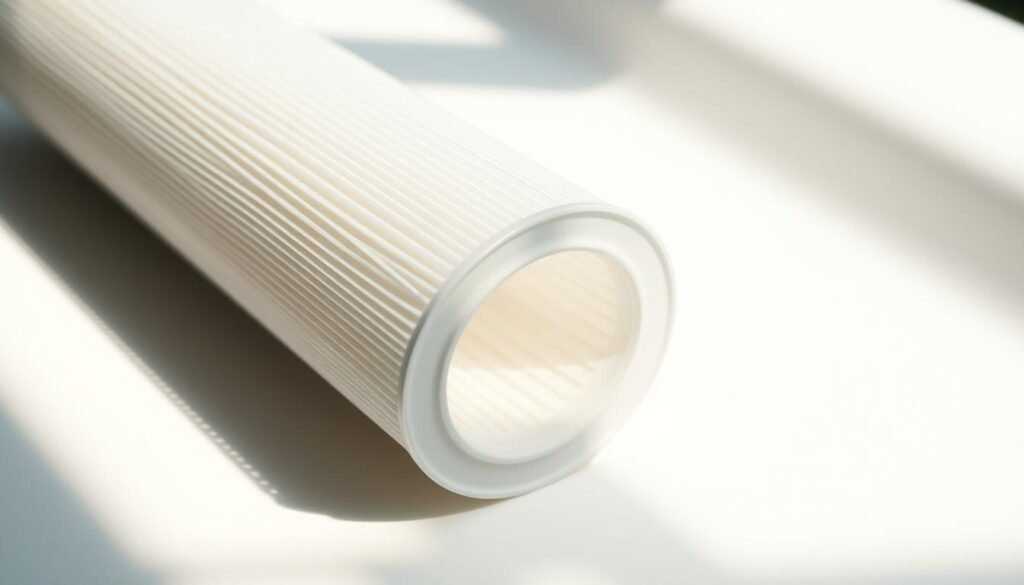 A close-up shot of a water filter cartridge resting on a white background, with soft natural lighting from the side. The filter has a sleek, cylindrical design with perforated edges, showcasing its functional simplicity. The cartridge appears fresh and unused, highlighting its role in maintaining the purity and quality of water. The image conveys the importance of regularly replacing water filters to ensure optimal filtration performance and the continued provision of clean, healthy drinking water. A close-up shot of a water filter cartridge resting on a white background, with soft natural lighting from the side. The filter has a sleek, cylindrical design with perforated edges, showcasing its functional simplicity. The cartridge appears fresh and unused, highlighting its role in maintaining the purity and quality of water. The image conveys the importance of regularly replacing water filters to ensure optimal filtration performance and the continued provision of clean, healthy drinking water.