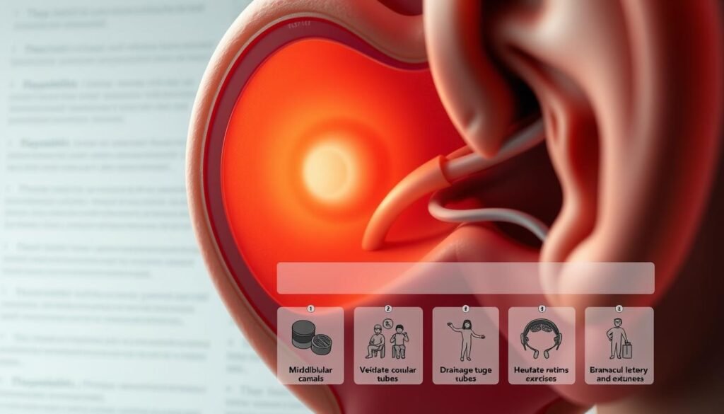 A detailed, well-lit medical illustration depicting the latest research-backed methods for treating inner ear fluid imbalance. The foreground shows a cross-section of the inner ear, with the middle and vestibular canals clearly visible. In the midground, a series of small diagrams illustrate various therapeutic interventions, such as medication, drainage tubes, and exercises. The background features a soft, muted color palette suggestive of a medical textbook or journal. The overall mood is informative and clinical, with a focus on presenting the subject matter in a clear, visually striking manner. A detailed, well-lit medical illustration depicting the latest research-backed methods for treating inner ear fluid imbalance. The foreground shows a cross-section of the inner ear, with the middle and vestibular canals clearly visible. In the midground, a series of small diagrams illustrate various therapeutic interventions, such as medication, drainage tubes, and exercises. The background features a soft, muted color palette suggestive of a medical textbook or journal. The overall mood is informative and clinical, with a focus on presenting the subject matter in a clear, visually striking manner.