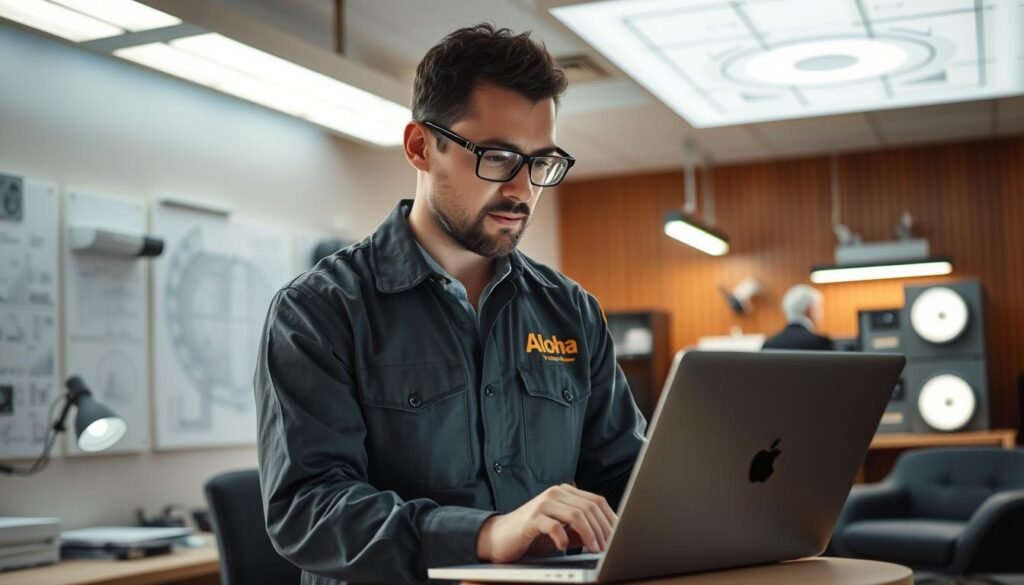 A professional technician in a well-lit office, surrounded by various lighting equipment and technical diagrams. The scene has a warm, inviting atmosphere, with the Aloha brand prominently displayed on the technician's uniform. The technician is focused on a laptop, intently troubleshooting and analyzing data to provide expert guidance on lighting solutions. The background features sleek, modern furniture and equipment, conveying a sense of expertise and high-tech capabilities. A professional technician in a well-lit office, surrounded by various lighting equipment and technical diagrams. The scene has a warm, inviting atmosphere, with the Aloha brand prominently displayed on the technician's uniform. The technician is focused on a laptop, intently troubleshooting and analyzing data to provide expert guidance on lighting solutions. The background features sleek, modern furniture and equipment, conveying a sense of expertise and high-tech capabilities.