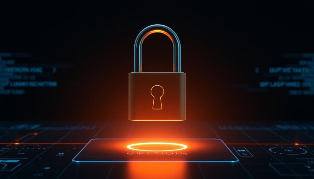 A secure UTown entertainment city account represented by a sturdy padlock, floating above a sleek, minimalist dark interface. Subtle glowing holographic elements and a faint blue grid overlay convey a sense of high-tech digital security. The padlock casts a gentle warm glow, symbolizing the privacy and protection of user data. Backlighting from below creates depth and a sense of three-dimensionality. The overall mood is one of modern, discreet, and reliable account safeguarding.