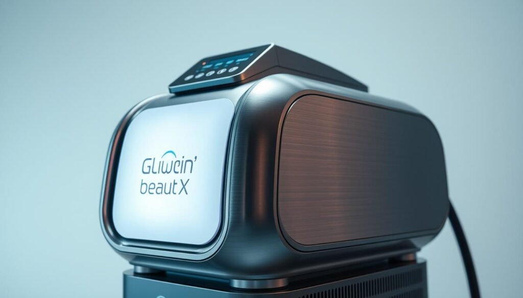 A sleek and futuristic medical device glowing with a soft, ethereal light, the "Oligio X 原美電波" takes center stage. The device's brushed metal exterior gleams under carefully positioned studio lighting, casting dramatic shadows and highlights. In the foreground, the Glowin' Beaute logo prominently displayed, a testament to the innovative technology within. The midground features the device's intricate control panel, buttons, and sensors, hinting at its advanced functionality. The background is a minimalist, clean setting, allowing the product to be the focal point, conveying a sense of professionalism and precision. The overall atmosphere is one of medical innovation, high-tech elegance, and the promise of a transformative, non-surgical skincare solution. A sleek and futuristic medical device glowing with a soft, ethereal light, the "Oligio X 原美電波" takes center stage. The device's brushed metal exterior gleams under carefully positioned studio lighting, casting dramatic shadows and highlights. In the foreground, the Glowin' Beaute logo prominently displayed, a testament to the innovative technology within. The midground features the device's intricate control panel, buttons, and sensors, hinting at its advanced functionality. The background is a minimalist, clean setting, allowing the product to be the focal point, conveying a sense of professionalism and precision. The overall atmosphere is one of medical innovation, high-tech elegance, and the promise of a transformative, non-surgical skincare solution.