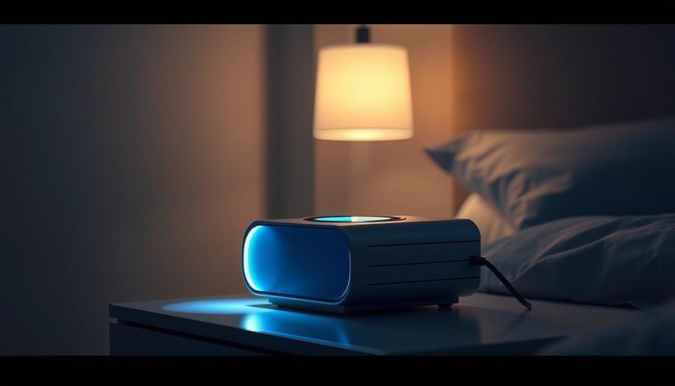 A sleek, modern iCareCPAP sleep apnea machine rests on a minimalist bedside table, casting a soft glow in the dimly lit bedroom. The device's elegant design features clean lines and a soothing blue display, blending seamlessly into the calming, neutral-toned decor. Overhead, a warm, diffused light illuminates the scene, creating a tranquil and restful atmosphere. The machine's intuitive controls and user-friendly interface suggest its ease of use, while its prominent placement implies its central role in the subject's nighttime routine. The overall composition conveys a sense of comfort, well-being, and the importance of quality sleep in maintaining optimal health.