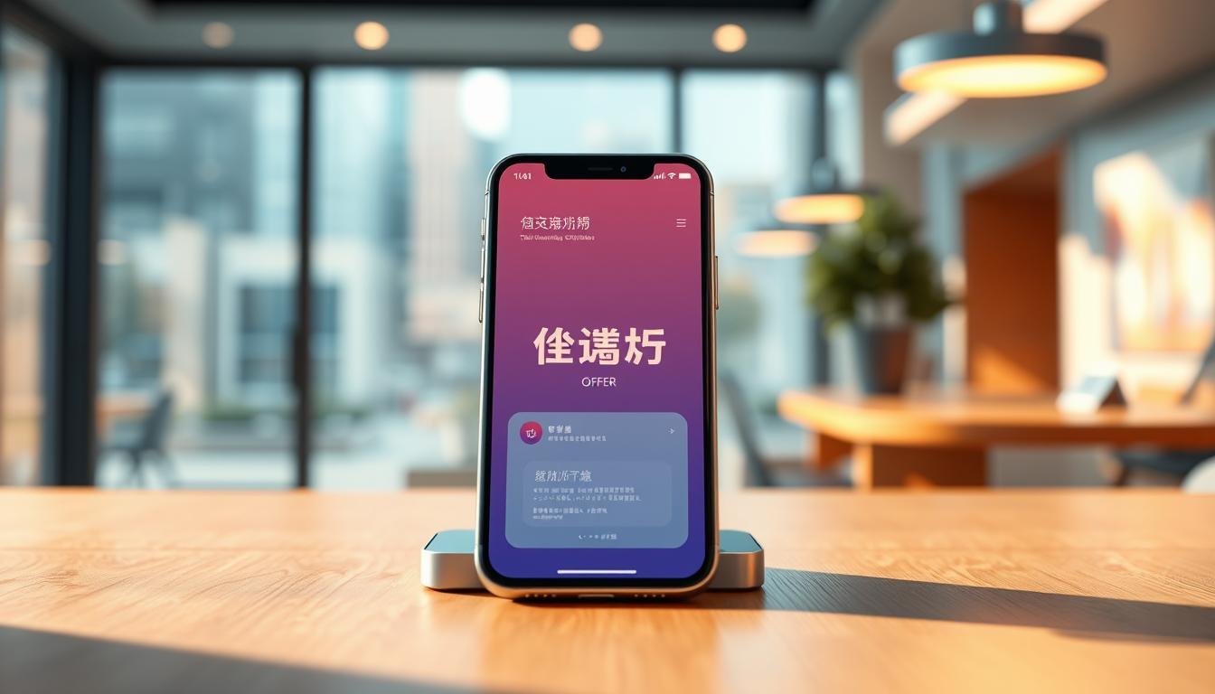 A vibrant, modern-looking illustration of a Telecombrother 5G-enabled mobile phone, strategically positioned on a sleek, minimalist wooden table. The phone's screen displays a visually appealing "轉台優惠" offer, with a clean, eye-catching design. The scene is bathed in warm, natural lighting, creating a welcoming and professional atmosphere. The background features a blurred, out-of-focus cityscape, hinting at the connectivity and convenience the Telecombrother offer provides to young professionals. The overall composition is balanced, with a focus on showcasing the phone and the "轉台優惠" in a visually compelling way.
