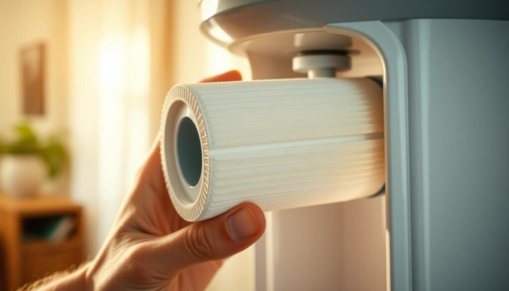 A well-lit, close-up shot of a water filter cartridge being replaced in a household water purifier system. The old filter is being carefully removed, revealing the clean, white interior of the filter housing. The new filter is being gently inserted, its pleated membrane and sturdy construction clearly visible. The background is a soft, blurred domestic interior, hinting at the careful process of maintaining a healthy home water supply. Warm, natural lighting casts a subtle glow, conveying a sense of thoughtful care and attention to detail. The overall mood is one of diligence and responsibility in preserving the purity and quality of drinking water. A well-lit, close-up shot of a water filter cartridge being replaced in a household water purifier system. The old filter is being carefully removed, revealing the clean, white interior of the filter housing. The new filter is being gently inserted, its pleated membrane and sturdy construction clearly visible. The background is a soft, blurred domestic interior, hinting at the careful process of maintaining a healthy home water supply. Warm, natural lighting casts a subtle glow, conveying a sense of thoughtful care and attention to detail. The overall mood is one of diligence and responsibility in preserving the purity and quality of drinking water.