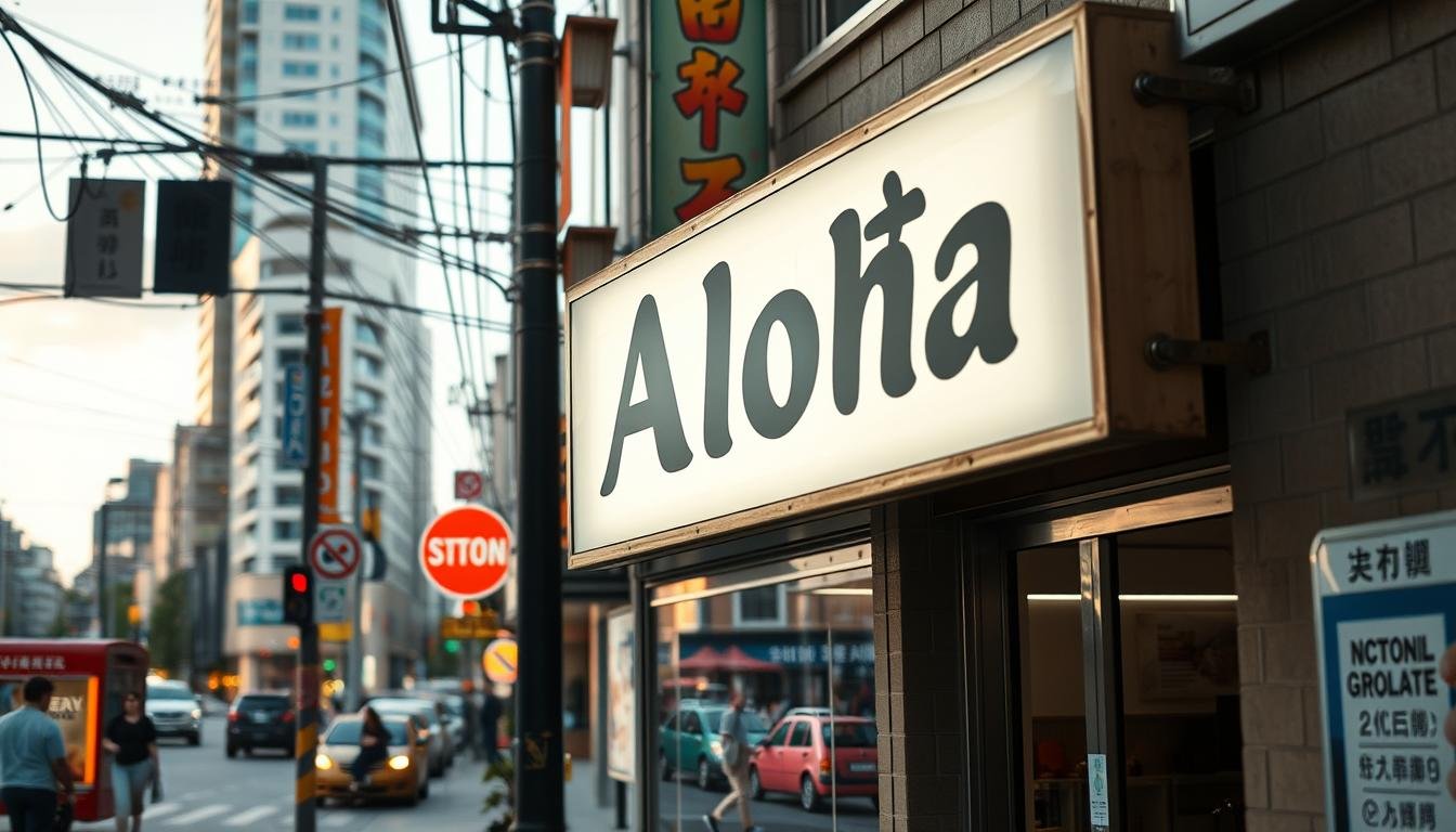 A well-lit, high-quality photograph of a sturdy, reliably constructed storefront sign for "Aloha" in a vibrant urban setting. The sign is made of durable, weather-resistant materials with clear, legible text and eye-catching graphics. It is securely mounted and positioned for maximum visibility, creating a sense of stability and permanence. The surrounding environment features a lively, active street scene with pedestrians, vehicles, and other visual interest, conveying the sign's integration into the local community. The lighting is soft and flattering, highlighting the sign's construction and design. The overall composition effectively communicates the concept of "广告招牌稳定性" - the reliability and dependability of an outdoor advertisement.