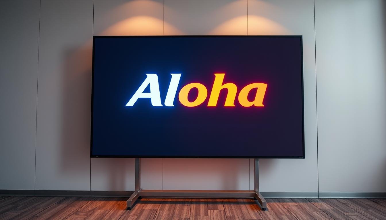 An LED display board in a sleek, modern design. The front panel features the Aloha brand name prominently displayed in bright, vibrant letters that stand out against a smooth, metallic background. The display is mounted on a sturdy, compact stand with a minimal, minimalist aesthetic. Soft, diffused lighting illuminates the board, creating a warm, inviting atmosphere. The overall impression is one of high-quality, durable construction that would be well-suited for prolonged indoor use, such as in a conference room or office setting. The image conveys a sense of reliability and longevity, reflecting the article's focus on extending the lifespan of an LED display device.