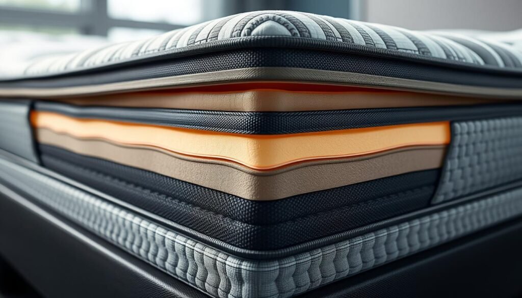 Generate an image of a 10-inch thick orthopedic mattress with a unique hybrid design. Generate an image of a 10-inch thick orthopedic mattress with a unique hybrid design.