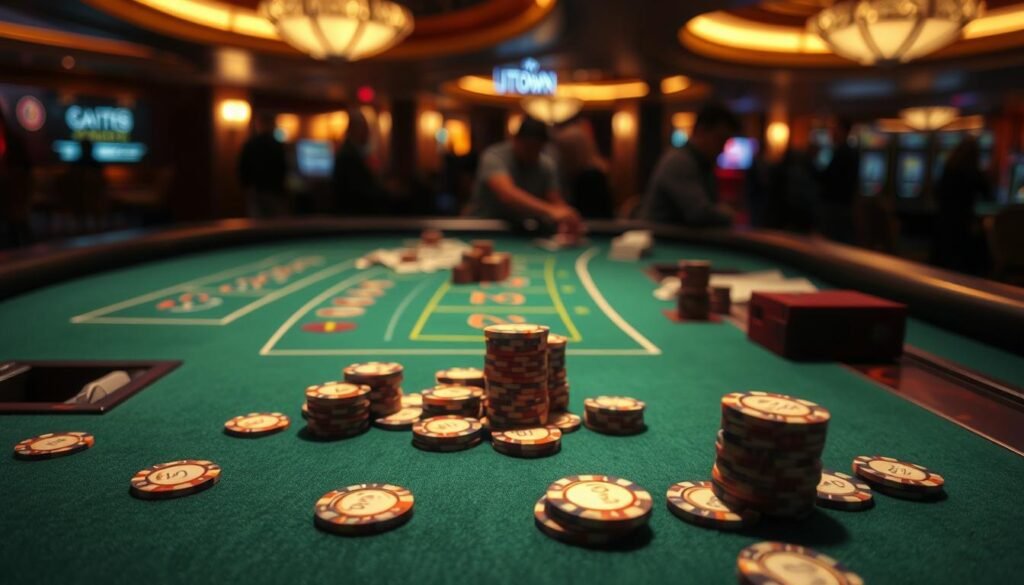 A dimly lit casino table with green felt, illuminated by soft overhead lighting. On the table, a carefully orchestrated display of casino chips in various denominations, arranged in strategic patterns - the signature "百家樂注碼技巧" of an experienced player. The chips are scattered across the table, some stacked high, others spread out, creating a visually striking composition. In the background, the blurred silhouettes of other players and the UTown casino interior lend an atmosphere of concentration and anticipation. The image conveys the essence of mastering the art of baccarat betting strategies, a crucial skill for any serious casino enthusiast.