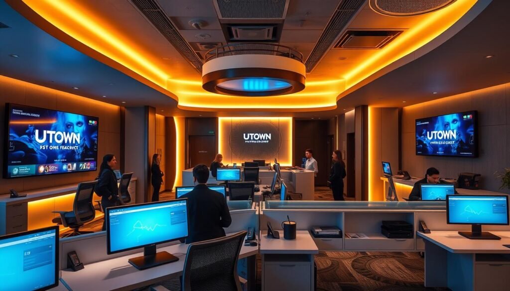 A modern and sophisticated customer service center for the UTown online entertainment hub, with a team of attentive agents standing by to assist players. The reception area is filled with warm lighting, sleek ergonomic workstations, and a calming color palette of blues and grays. Large display screens showcase the UTown brand identity and real-time player feedback, conveying a sense of professionalism and responsiveness. The atmosphere is one of efficiency, care, and a commitment to providing an exceptional gaming experience.