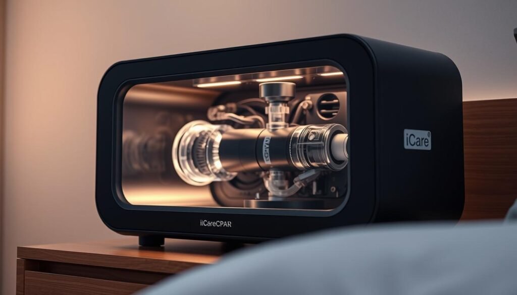 A modern sleep apnea machine with advanced noise control technology. Sleek, minimalist design in matte black with the iCareCPAP logo. Intricate interior mechanisms visible through a transparent enclosure, showcasing the precision engineering. Soft, ambient lighting emanates from the device, creating a calming atmosphere. The machine is placed on a minimalist wooden nightstand, with a subtle, soothing glow illuminating the surrounding space. The scene conveys a sense of comfort, quietude, and technological sophistication, reflecting the advancements in sleep apnea treatment. A modern sleep apnea machine with advanced noise control technology. Sleek, minimalist design in matte black with the iCareCPAP logo. Intricate interior mechanisms visible through a transparent enclosure, showcasing the precision engineering. Soft, ambient lighting emanates from the device, creating a calming atmosphere. The machine is placed on a minimalist wooden nightstand, with a subtle, soothing glow illuminating the surrounding space. The scene conveys a sense of comfort, quietude, and technological sophistication, reflecting the advancements in sleep apnea treatment.