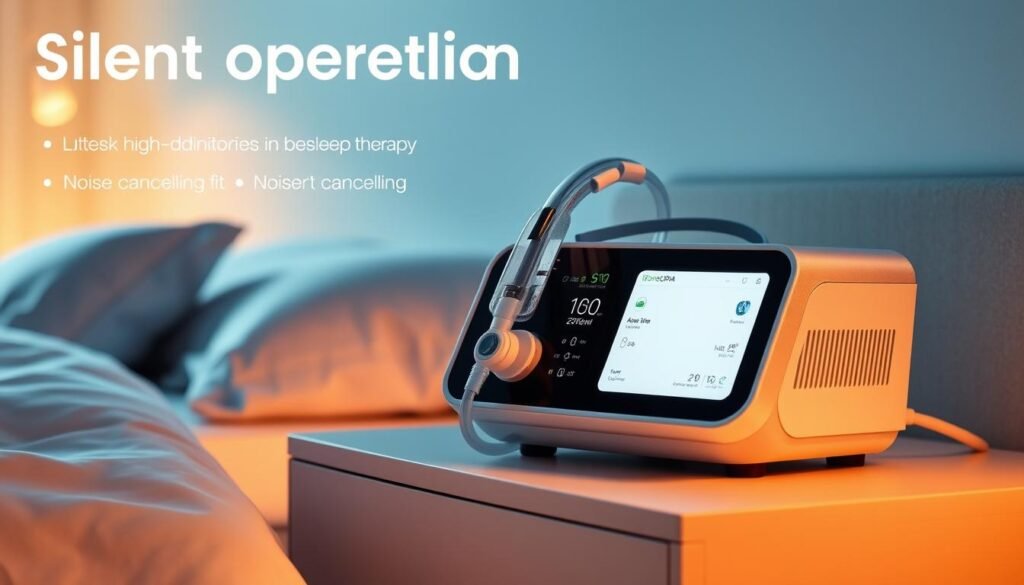 A sleek and modern-looking iCareCPAP sleep apnea machine with a streamlined design. The device is placed on a minimalist bedside table, highlighted by warm, soft lighting that creates a soothing, relaxing atmosphere. The machine features a large, high-definition display that showcases the latest advancements in sleep therapy technology, including precise airflow control and noise-cancelling capabilities. The overall scene conveys a sense of comfort and advanced medical care, reflecting the cutting-edge "silent operation" technology mentioned in the section title. A sleek and modern-looking iCareCPAP sleep apnea machine with a streamlined design. The device is placed on a minimalist bedside table, highlighted by warm, soft lighting that creates a soothing, relaxing atmosphere. The machine features a large, high-definition display that showcases the latest advancements in sleep therapy technology, including precise airflow control and noise-cancelling capabilities. The overall scene conveys a sense of comfort and advanced medical care, reflecting the cutting-edge "silent operation" technology mentioned in the section title.