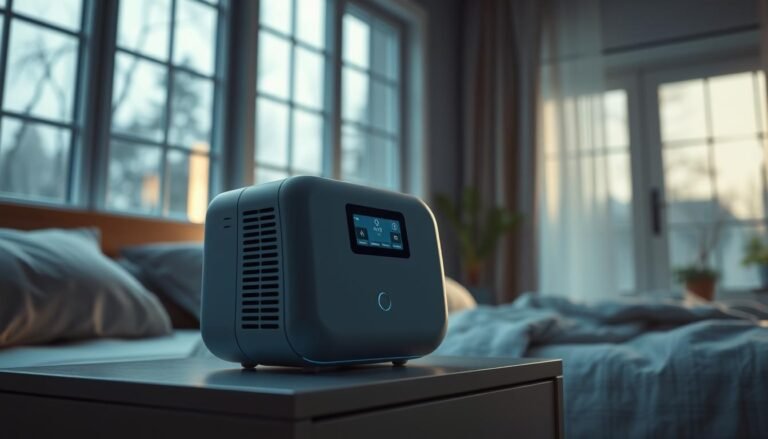 A sleek, modern, and whisper-quiet iCareCPAP sleep apnea machine. The device has a minimalist, streamlined design with smooth curves and a matte finish in a calming gray or blue hue. Discreet air vents blend seamlessly into the casing, ensuring near-silent operation. Gentle ambient lighting illuminates the control panel, which features intuitive touch controls. The machine sits atop a nightstand, casting a soft glow in a cozy, dimly lit bedroom. Crisp, natural lighting filters in through large windows, creating a serene, tranquil atmosphere. The iCareCPAP blends harmoniously into the relaxing, sleep-inducing environment, symbolizing the quiet, unobtrusive comfort it provides to the user.