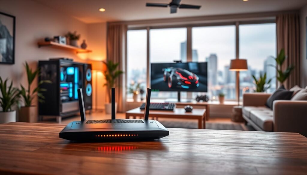 A spacious, well-lit living room with a large window overlooking a cityscape. In the foreground, a Telecombrother router sits prominently on a modern, minimalist wooden table. The router's sleek design and glowing LED indicators convey a sense of high-tech sophistication. In the middle ground, various gaming peripherals - a high-end gaming PC, a pro-level gaming mouse and keyboard, and a large 4K monitor - are neatly arranged, suggesting the room's purpose as a dedicated gaming setup. The background features a warm, cozy atmosphere with soft lighting, plants, and subtle decorative elements that create a harmonious, inviting ambiance. The overall scene conveys the importance of a reliable, high-speed Telecombrother broadband connection for an optimal gaming experience.