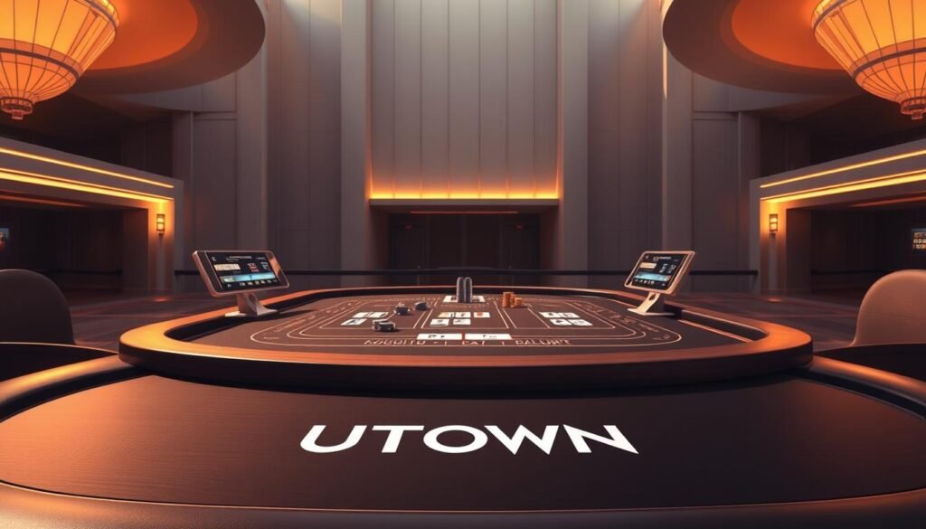 A striking illustration of a modern casino table, showcasing the intricate system of betting limits and risk management. In the foreground, a sleek UTown-branded gaming table with detailed wood and metal accents. Elegant lighting casts a warm glow, while the middle ground features a thoughtful arrangement of betting chips, cards, and digital displays. In the background, a minimalist architectural backdrop, emphasizing the importance of a controlled, secure environment. The scene conveys a sense of precision, strategy, and responsible gaming practices. A striking illustration of a modern casino table, showcasing the intricate system of betting limits and risk management. In the foreground, a sleek UTown-branded gaming table with detailed wood and metal accents. Elegant lighting casts a warm glow, while the middle ground features a thoughtful arrangement of betting chips, cards, and digital displays. In the background, a minimalist architectural backdrop, emphasizing the importance of a controlled, secure environment. The scene conveys a sense of precision, strategy, and responsible gaming practices.