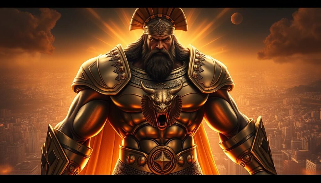 A towering figure of the god of war, Ares, stands tall and imposing, his muscular frame clad in gleaming bronze armor. Intricate details adorn his armor, with a fearsome Gorgon's head emblazoned on his breastplate. His piercing gaze and determined expression convey a sense of unyielding power and ferocity. Rays of golden light emanate from behind him, creating a dramatic, almost supernatural atmosphere. In the background, a sprawling UTown cityscape stretches out, hinting at the vast scale and scope of this mighty deity's domain. The overall scene evokes a sense of awe, might, and the overwhelming dominance of the god of war, "戰神賽特".
