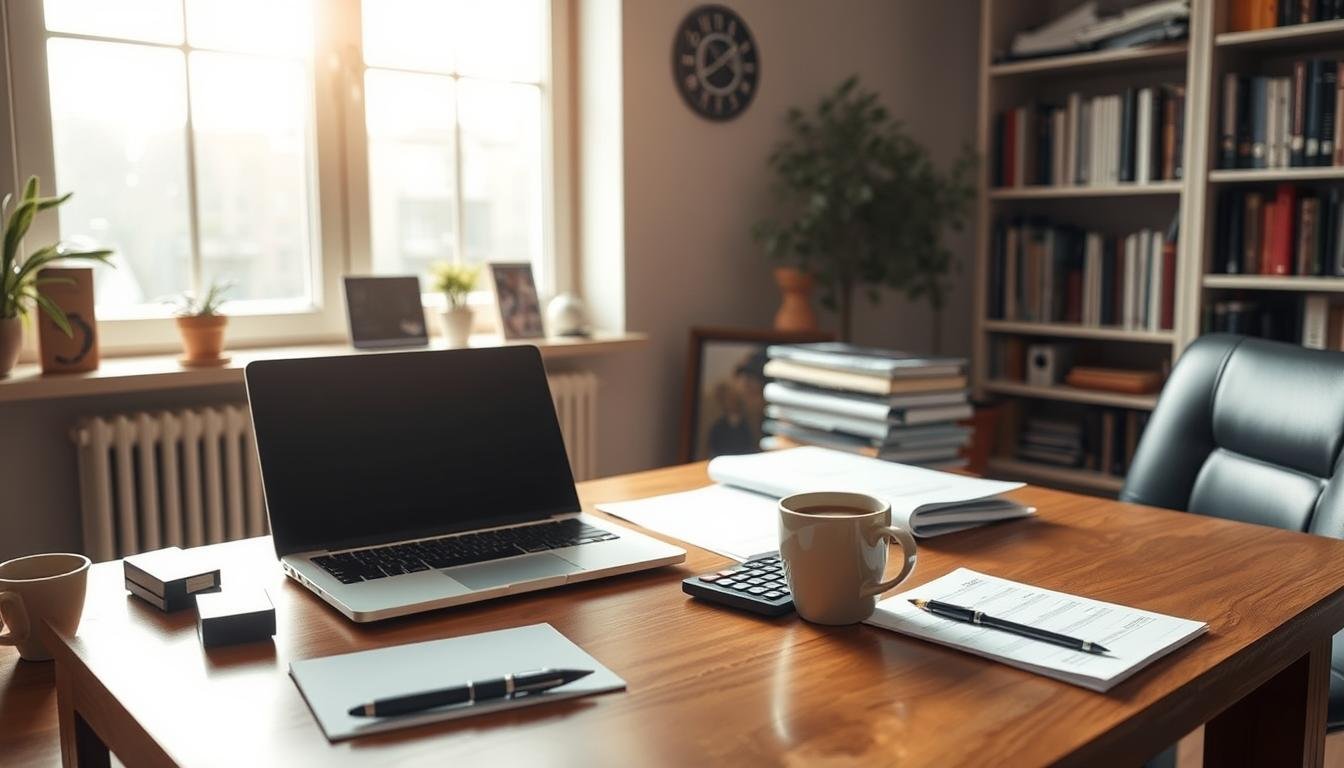 A warm, welcoming office setting with a wooden desk, a laptop, and a stack of documents. Soft natural light streams in through a large window, casting a cozy glow over the scene. On the desk, a calculator, a pen, and a cup of coffee suggest the thoughtful deliberation of financial matters. In the background, bookshelves line the walls, hinting at the expertise within. The overall atmosphere conveys the approachability and trustworthiness of a reliable source for small-scale lending solutions, well-suited for debt consolidation.