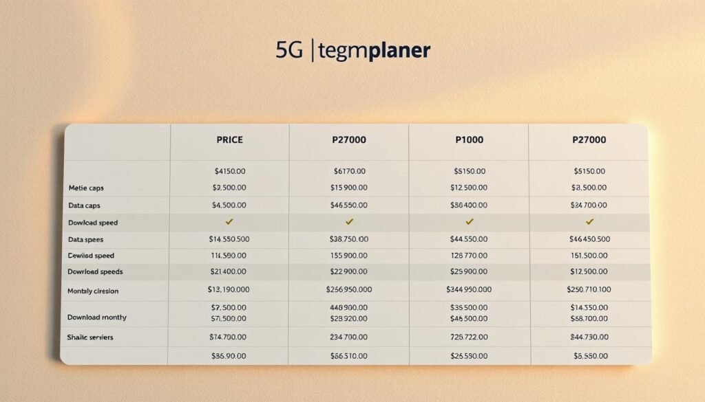 Detailed comparison of 5G plans from Telecombrother, showcasing various price points and offerings. Sleek, minimalist table layout against a soft, textured backdrop. Precise columns highlighting plan details like data caps, download speeds, and monthly costs. Subtle metallic accents and gradient shading add depth and sophistication. Warm, professional lighting accentuates the clean, modern aesthetic. Shot with a wide-angle lens to capture the full scope of the information. Conveys a sense of informed decision-making for the discerning consumer.