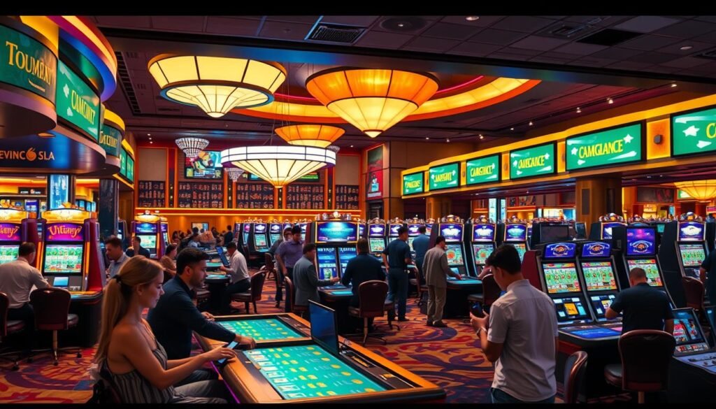 Detailed scene depicting fair and compliant gambling at the UTown entertainment complex. A brightly lit, modern casino floor with elegant decor and sophisticated gaming tables. Patrons engaged in responsible, regulated gaming activities with attentive staff ensuring integrity. In the background, high-tech security systems and carefully monitored operations, signifying UTown's commitment to ethical, transparent practices. Warm, inviting atmosphere evokes trust and confidence in the venue's compliance with industry standards and fair play policies. Detailed scene depicting fair and compliant gambling at the UTown entertainment complex. A brightly lit, modern casino floor with elegant decor and sophisticated gaming tables. Patrons engaged in responsible, regulated gaming activities with attentive staff ensuring integrity. In the background, high-tech security systems and carefully monitored operations, signifying UTown's commitment to ethical, transparent practices. Warm, inviting atmosphere evokes trust and confidence in the venue's compliance with industry standards and fair play policies.