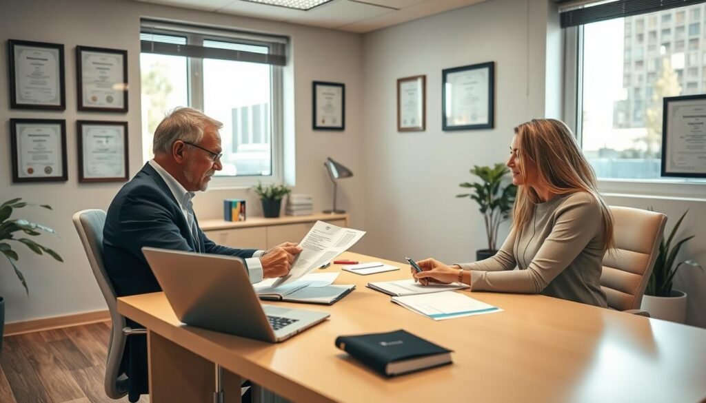 A neatly organized office scene with a person sitting at a desk, reviewing documents and discussing loan details with a client. The room is well-lit with warm, natural lighting filtering in through large windows. The desk is clean and tidy, with a laptop, pen, and other necessary stationery items. On the walls, there are framed certificates and licenses, conveying the professionalism and expertise of the lender. The client and lender are engaged in a serious yet friendly conversation, their body language and facial expressions indicating trust and understanding. The overall atmosphere is one of efficiency, reliability, and a commitment to providing a seamless loan application experience. A neatly organized office scene with a person sitting at a desk, reviewing documents and discussing loan details with a client. The room is well-lit with warm, natural lighting filtering in through large windows. The desk is clean and tidy, with a laptop, pen, and other necessary stationery items. On the walls, there are framed certificates and licenses, conveying the professionalism and expertise of the lender. The client and lender are engaged in a serious yet friendly conversation, their body language and facial expressions indicating trust and understanding. The overall atmosphere is one of efficiency, reliability, and a commitment to providing a seamless loan application experience.