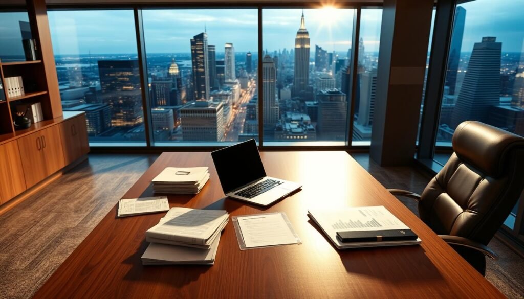 A sleek, modern office interior with a large wooden desk, a comfortable leather chair, and various financial documents and a laptop computer neatly arranged. The lighting is warm and inviting, creating a professional yet approachable atmosphere. In the background, a floor-to-ceiling window offers a panoramic view of a bustling city skyline, conveying a sense of urban dynamism. The overall scene evokes the efficiency and reliability of a private lending institution, where individuals can confidently explore the advantages of alternative financing options. A sleek, modern office interior with a large wooden desk, a comfortable leather chair, and various financial documents and a laptop computer neatly arranged. The lighting is warm and inviting, creating a professional yet approachable atmosphere. In the background, a floor-to-ceiling window offers a panoramic view of a bustling city skyline, conveying a sense of urban dynamism. The overall scene evokes the efficiency and reliability of a private lending institution, where individuals can confidently explore the advantages of alternative financing options.