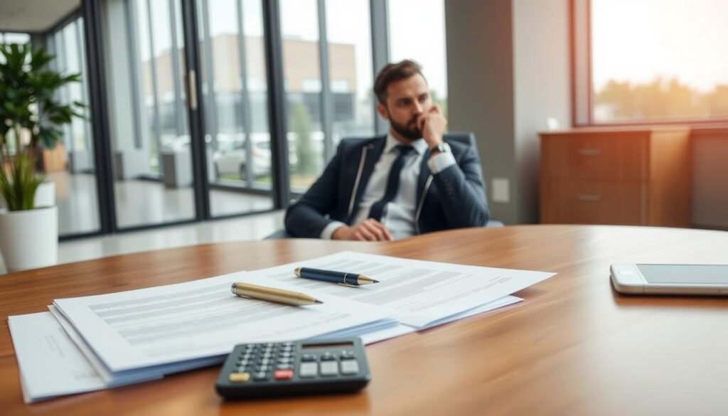 A sleek, modern office interior with a large wooden desk in the foreground. On the desk, a stack of documents, a pen, and a calculator, representing the financial details of a private loan. In the middle ground, a well-dressed business person sitting in a comfortable chair, deep in thought about the loan terms and conditions. The background features floor-to-ceiling windows, allowing natural light to flood the space and create a sense of professionalism and transparency. The overall atmosphere is one of careful consideration and financial responsibility, conveying the importance of the decision-making process when using a vehicle as collateral for a private loan. A sleek, modern office interior with a large wooden desk in the foreground. On the desk, a stack of documents, a pen, and a calculator, representing the financial details of a private loan. In the middle ground, a well-dressed business person sitting in a comfortable chair, deep in thought about the loan terms and conditions. The background features floor-to-ceiling windows, allowing natural light to flood the space and create a sense of professionalism and transparency. The overall atmosphere is one of careful consideration and financial responsibility, conveying the importance of the decision-making process when using a vehicle as collateral for a private loan.