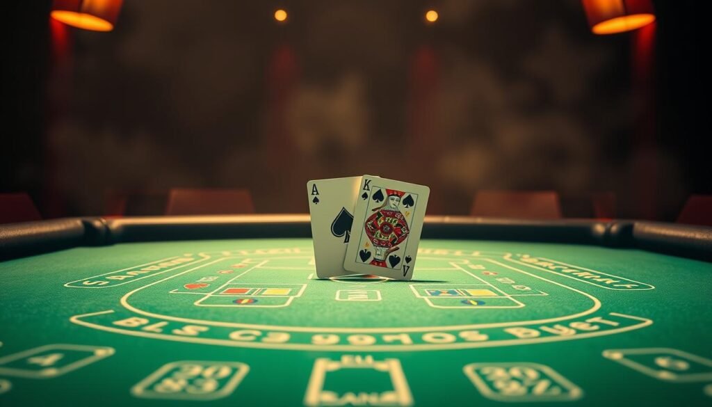 A visually striking tabletop scene showcasing the iconic gameplay of Baccarat. In the foreground, a green felt table is adorned with a stylized Baccarat layout, complete with player and banker positions, and the key areas for placing bets. The table is illuminated by a warm, ambient light, casting subtle shadows and highlights that accentuate the tactile nature of the felt material. In the middle ground, a pair of playing cards are elegantly positioned, their intricate designs and textures conveying the essence of this classic casino game. The background is dimly lit, with a subtle haze creating a sense of depth and drama, evoking the allure and excitement of the Baccarat gaming experience. The overall composition strikes a balance between technical detail and artistic flair, perfectly capturing the rules and gameplay of this timeless casino classic.