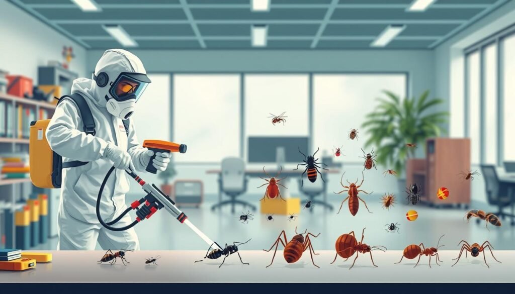 A vibrant illustration showcasing the diverse range of iCareCPAP pest control services. In the foreground, a professional-looking worker in a hazmat suit sprays targeted insecticide on a surface. Behind them, an array of pest control tools and equipment are neatly organized. In the middle ground, a variety of common household pests, such as ants, cockroaches, and spiders, are depicted in a stylized manner. The background features a clean, modern office setting, hinting at the company's expertise in providing effective solutions for educational institutions. The lighting is soft and even, creating a sense of professionalism and attention to detail. The overall tone is one of efficiency, care, and a commitment to comprehensive pest management.