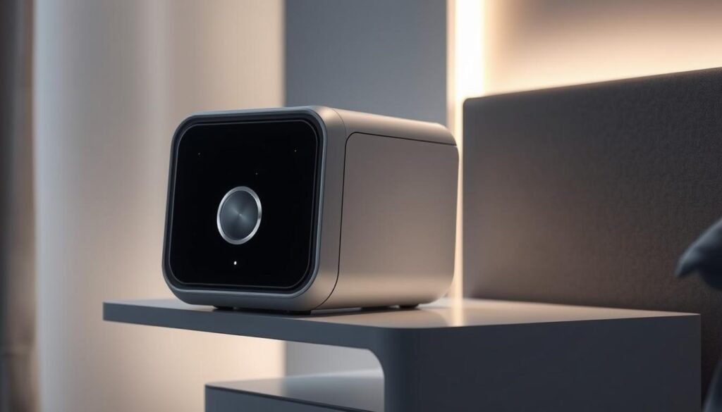 A high-tech, futuristic-looking sleep apnea machine with a sleek, minimalist design. The iCareCPAP device features a new advanced sensor on the front panel that automatically detects breathing patterns and adjusts the airflow accordingly. The sensor is encased in a modern, brushed metal housing with subtle indicator lights. The machine is situated on a minimalist, floating-style nightstand against a dimly lit, serene bedroom backdrop, with soft indirect lighting creating a calming ambiance. The overall aesthetic conveys a sense of innovation, precision, and user-centric design.