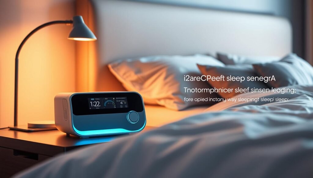 A sleek, modern iCareCPAP sleep apnea machine rests on a nightstand, illuminated by a soft, warm glow. The device's elegant, minimalist design features a large, high-resolution display and intuitive controls, indicating its advanced capabilities. In the foreground, a cozy, inviting bed with plush bedding sets the scene for a comfortable, restful night's sleep. The middle ground showcases the machine's state-of-the-art sensor technology, while the background depicts a serene, calming bedroom environment, emphasizing the machine's importance in providing essential, uninterrupted sleep for the user. The overall mood is one of comfort, technology, and the importance of quality sleep for overall health and well-being.