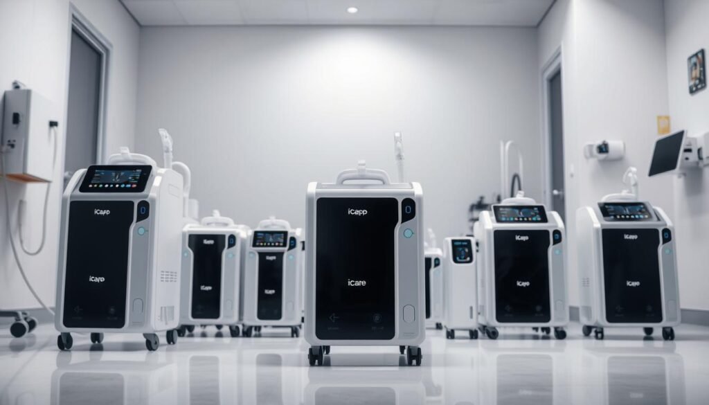 A well-lit, professional-grade photograph of a variety of iCareCPAP sleep apnea machines in a clean, modern medical setting. The machines are shown from multiple angles, highlighting their sleek, minimalist designs and intuitive control panels. The foreground features a close-up of the main iCareCPAP model, showcasing its high-quality construction and user-friendly features. The middle ground includes several other iCareCPAP models in different sizes and configurations, allowing the viewer to compare the options. The background maintains a crisp, clinical atmosphere with subtle medical equipment and decor, emphasizing the machines' purpose in sleep therapy. The overall scene conveys the reliability, versatility, and technological sophistication of the iCareCPAP brand, inspiring confidence in the viewer's choice of sleep apnea treatment. A well-lit, professional-grade photograph of a variety of iCareCPAP sleep apnea machines in a clean, modern medical setting. The machines are shown from multiple angles, highlighting their sleek, minimalist designs and intuitive control panels. The foreground features a close-up of the main iCareCPAP model, showcasing its high-quality construction and user-friendly features. The middle ground includes several other iCareCPAP models in different sizes and configurations, allowing the viewer to compare the options. The background maintains a crisp, clinical atmosphere with subtle medical equipment and decor, emphasizing the machines' purpose in sleep therapy. The overall scene conveys the reliability, versatility, and technological sophistication of the iCareCPAP brand, inspiring confidence in the viewer's choice of sleep apnea treatment.