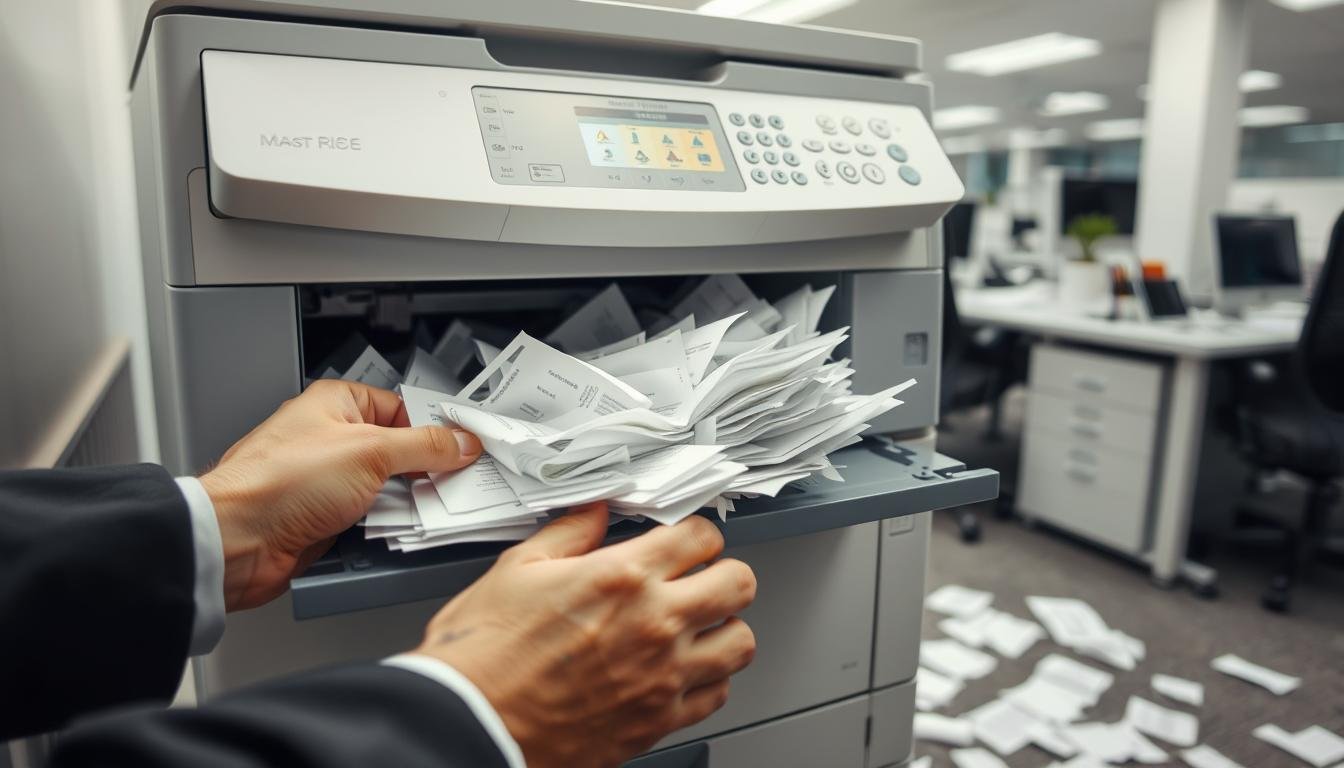 A close-up scene of an office photocopier jammed with paper, showcasing a tangle of misaligned sheets inside the paper tray. In the foreground, a pair of hands in professional business attire, meticulously working to remove the jammed paper. The middle layer features the photocopier's control panel displaying warning lights, with papers scattered around the floor, adding a sense of urgency. The background shows a well-lit office environment, with desks and office supplies, conveying a typical work atmosphere. The lighting is bright and neutral, emphasizing the clarity of the scene. The mood should reflect a mix of frustration and determination, as the worker endeavors to resolve the issue.