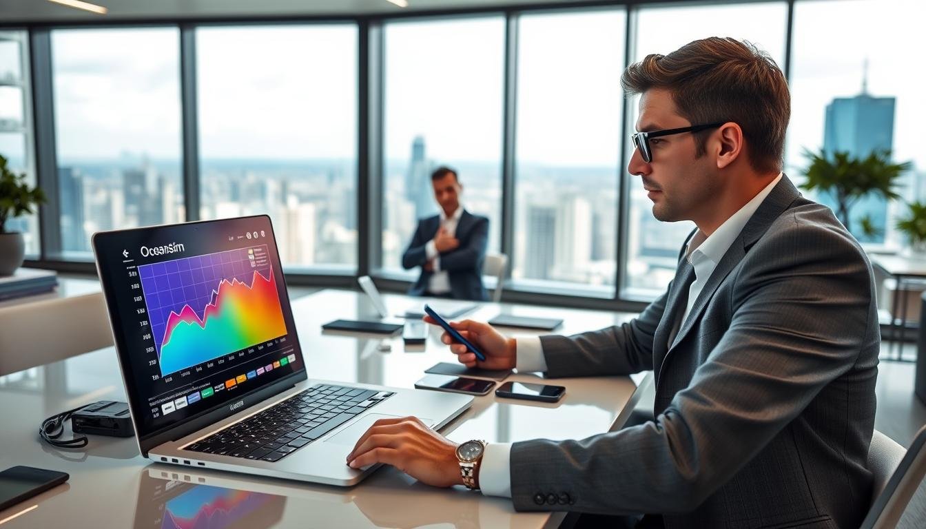 A modern and sleek office workspace featuring a high-tech performance analysis of OceanEsim, emphasizing its features and capabilities. In the foreground, showcase a laptop with a vibrant display showing a colorful graph and performance metrics. In the middle ground, place a professional in business attire, analyzing the data with a thoughtful expression, surrounded by relevant tech gadgets like smartphones and eSIM cards. In the background, a large window reveals a panoramic view of a bustling city, symbolizing connectivity. Use soft, natural lighting to create a focused and professional atmosphere, with a slight depth of field to emphasize the analysis, keeping the overall color palette cool and technological.