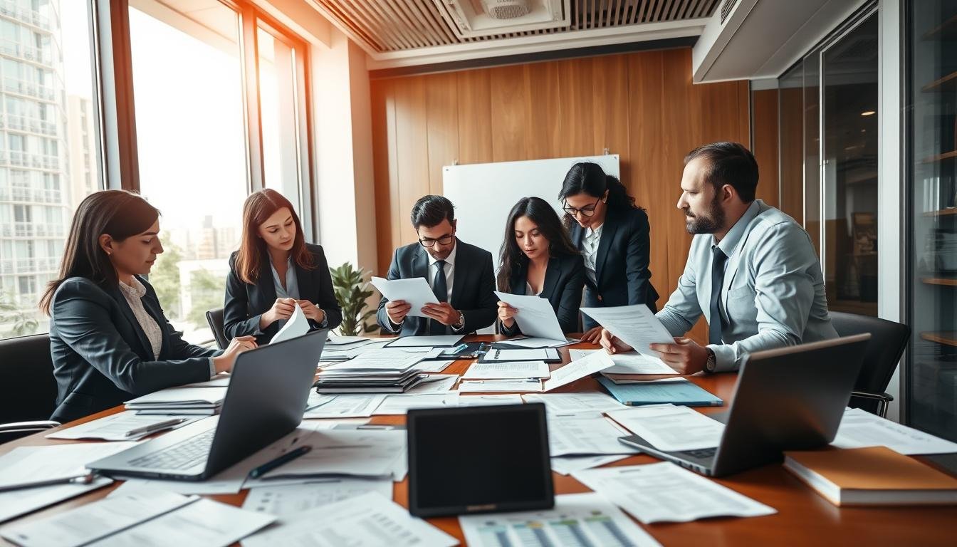 A professional business environment focused on audit processes, featuring a cluttered conference table with various audit-related documents, folders, and a laptop. In the foreground, a diverse group of business professionals in formal attire, actively discussing and reviewing the paperwork. The middle ground displays detailed audit checklists, financial statements, and compliance guidelines, creating a sense of organized chaos. The background should incorporate a modern office with large windows, allowing natural light to illuminate the space, adding a warm, productive atmosphere. The angle should be slightly overhead, capturing the interaction and documentation, evoking a sense of collaboration and diligence in the audit preparation process.