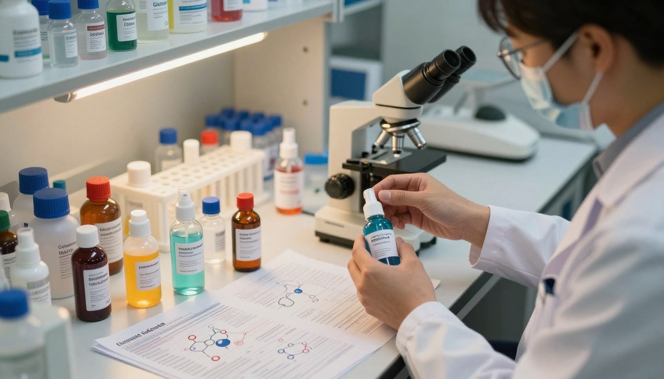 A professional lab setting showcasing a detailed analysis of long-lasting spray components. In the foreground, a scientist in a white lab coat examines various colorful, labeled bottles containing spray ingredients, with a microscope beside them. The middle ground features an organized workspace with chemical structures and safety data sheets spread out, illuminated by warm overhead lighting that creates a cozy atmosphere. The background displays shelves filled with chemical samples, giving a sense of depth. The image is captured from a slightly elevated angle, enhancing the intricate details of the components while maintaining a professional and clinical feel. The overall mood is focused and informative, perfect for illustrating the basics of component safety analysis.