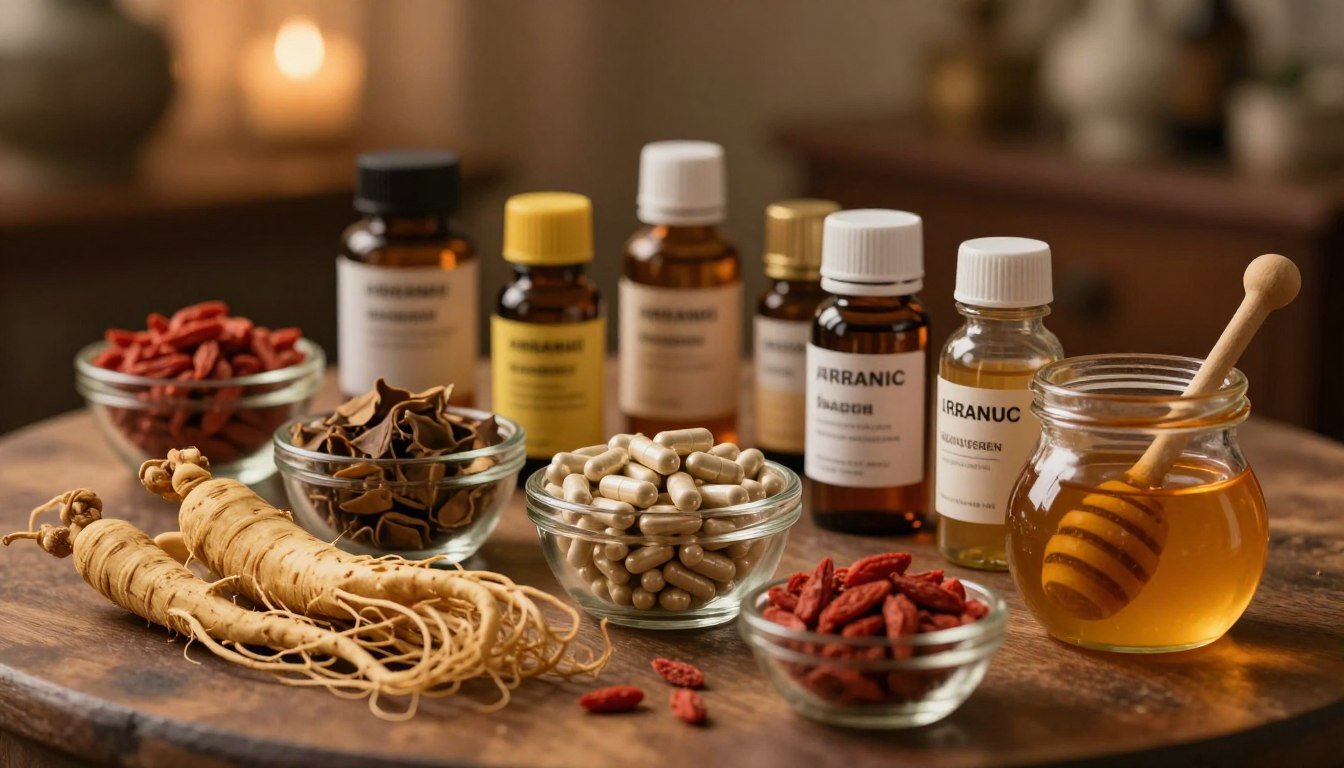 A visually striking still life composition featuring various types of herbal aphrodisiacs and male enhancement products. In the foreground, display an assortment of natural ingredients like ginseng roots, goji berries, and honey, beautifully arranged in elegant glass containers. The middle ground includes capsules and tinctures, each labeled, presented in a sophisticated manner. In the background, softly blurred, suggest a cozy, warm-lit environment, evoking a sense of intimacy. The lighting should be warm and inviting, casting soft shadows to enhance the mood. Capture the ambiance in a cinematic style, using a 4:3 aspect ratio to create a classic feel. The overall atmosphere should feel romantic and reassuring, perfect for highlighting the subject of aphrodisiac types.