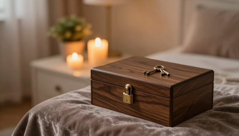 A cozy, intimate setting focused on privacy protection measures for adult toys. In the foreground, display an elegant, closed storage box with lock and key, made of dark wood, sitting on a plush, soft surface like a velvet throw. In the middle ground, show a backdrop of gently glowing candles and a small potted plant adding warmth to the scene. The background should feature a softly illuminated room, with a hint of luxurious fabrics, creating a sense of security and discretion. Use warm lighting to evoke a romantic atmosphere, with a cinematic feel captured from a slightly elevated angle. The image should be inviting and professional, reflecting an emphasis on privacy without any inappropriate elements.