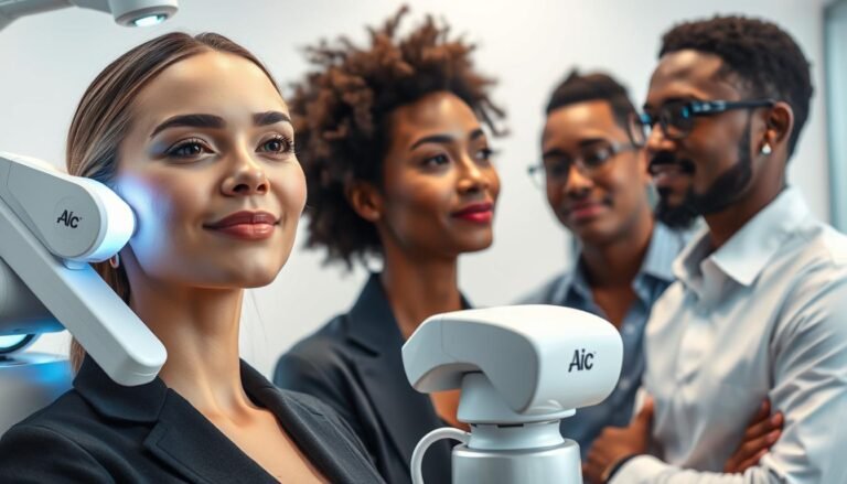 A detailed analysis of "Pico去斑效果" on different skin tones, showcasing three diverse individuals in a clinical setting. In the foreground, a light-skinned woman with a subtle smile, dressed in professional attire, is experiencing the treatment. To her right, a medium-toned man listens attentively, while on her left, a dark-skinned woman observes the process, both in smart casual clothing. The middle section presents advanced medical equipment used in the Pico treatment, illuminated by soft, even lighting that enhances the skin tones and highlights their textures. The background shows a clean, modern clinic with soft pastel colors, creating a calm and welcoming atmosphere. The image captures a sense of professionalism and inclusivity, making it suitable for educational use.