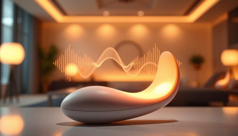 A visually striking image showcasing the concept of "silent vibration technology" for an advanced egg vibrator, set in a sleek, modern design. In the foreground, emphasize a close-up of the device, highlighting its smooth curves and innovative features with a soft, ambient glow. In the middle, include subtle representations of sound waves, visually illustrating the silent operation through blurred, wavy lines that suggest quiet movement. The background should be a minimalist, sophisticated setting with soft lighting, creating a serene atmosphere that conveys the balance between performance and discretion. Use a warm color palette to enhance the mood, focusing on tranquility and luxury. Capture the scene using a shallow depth of field to draw attention to the technology while softly blurring the background for an inviting feel.