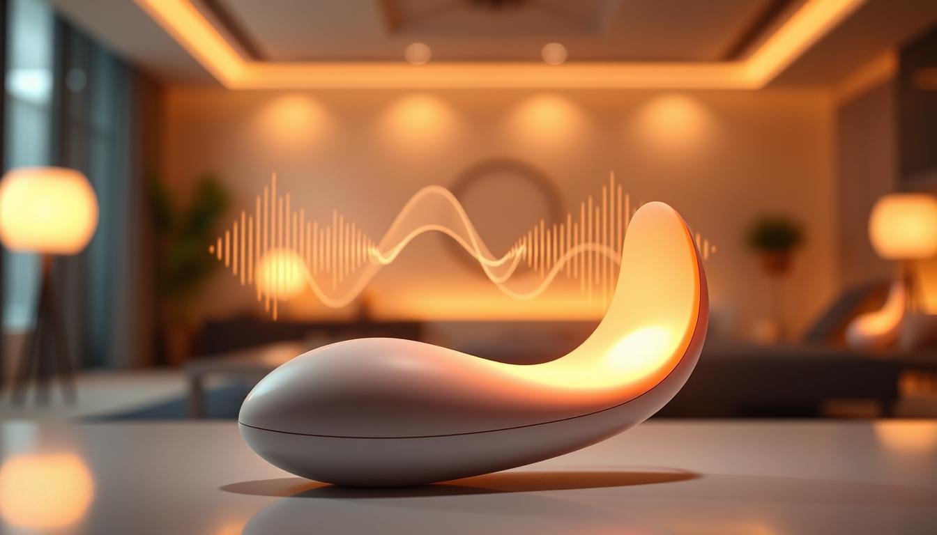 A visually striking image showcasing the concept of "silent vibration technology" for an advanced egg vibrator, set in a sleek, modern design. In the foreground, emphasize a close-up of the device, highlighting its smooth curves and innovative features with a soft, ambient glow. In the middle, include subtle representations of sound waves, visually illustrating the silent operation through blurred, wavy lines that suggest quiet movement. The background should be a minimalist, sophisticated setting with soft lighting, creating a serene atmosphere that conveys the balance between performance and discretion. Use a warm color palette to enhance the mood, focusing on tranquility and luxury. Capture the scene using a shallow depth of field to draw attention to the technology while softly blurring the background for an inviting feel.