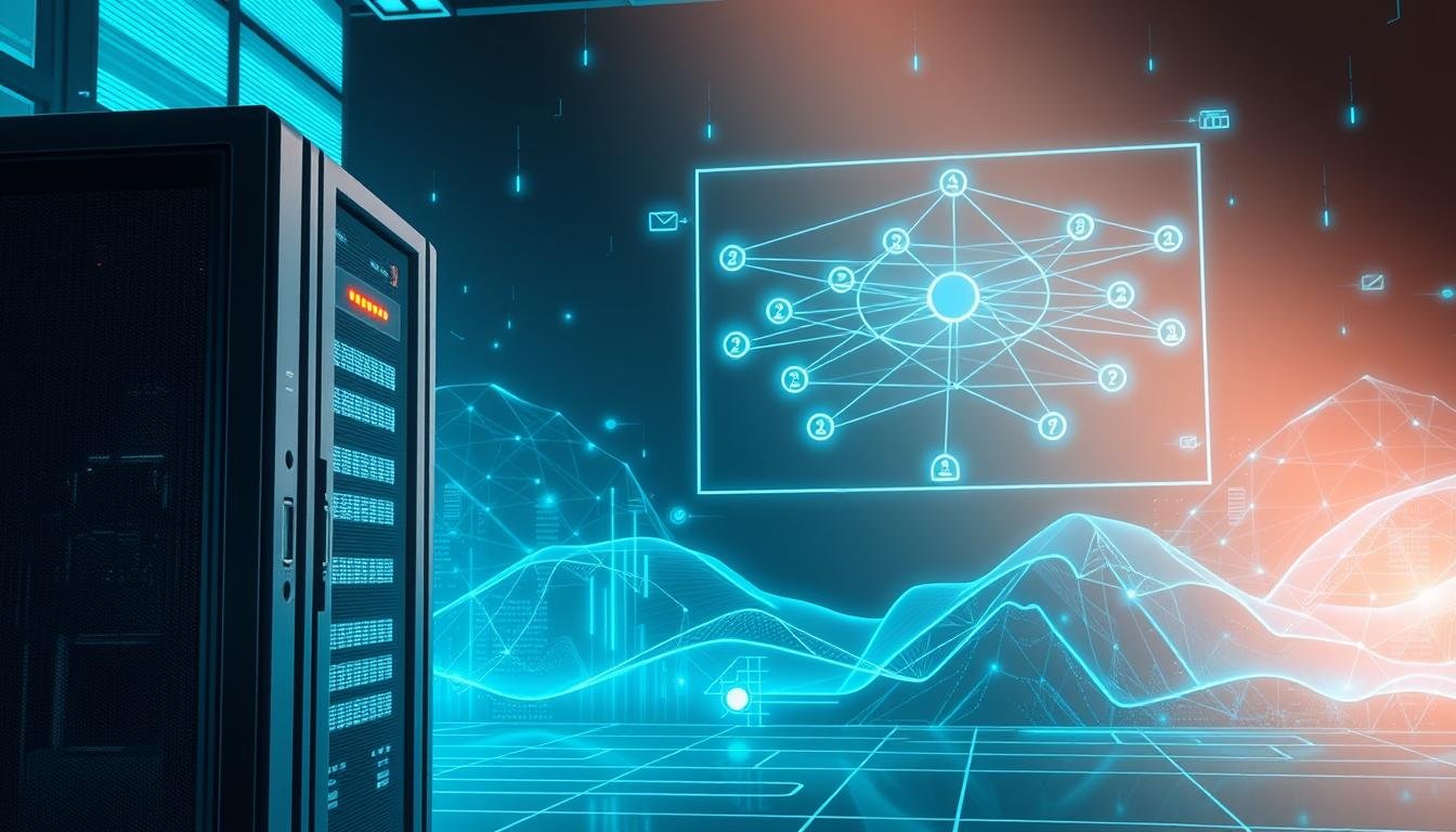 A detailed illustration of the 3A distributed file system in action, highlighting its mechanics for accelerating large-scale game resource retrieval. In the foreground, show a sleek, high-tech server rack with glowing indicators, symbolizing data storage and retrieval. In the middle ground, depict a stylized network diagram illustrating nodes interconnected with lines of data flow, showcasing redundancy and speed. In the background, include abstract representations of data streams and digital landscapes, with a cool, tech-inspired color palette of blues and greens. Use soft, focused lighting to create a futuristic atmosphere, emphasizing efficiency and innovation. The overall mood should convey a sense of advanced technology and collaboration in game development.