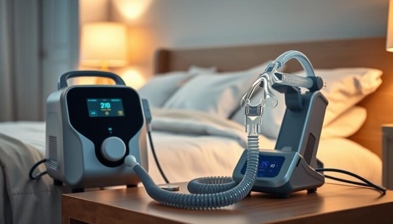 A detailed, realistic depiction of a modern sleep apnea machine placed on a bedside table in a softly lit bedroom setting. In the foreground, focus on the sleek design of the sleep apnea device with a digital display, tubes, and a comfortable mask, conveying a sense of innovation and comfort. In the middle, include a cozy bed with crisp linens and a subtle nightstand lamp casting a warm glow. The background should showcase soft colors and gentle textures, like a calming wall color and decorative items that evoke a peaceful atmosphere. The mood is serene and reassuring, reflecting the importance of choosing the right respiratory device tailored to individual needs. The angle should be slightly elevated, emphasizing the device's functionality in a home health context.