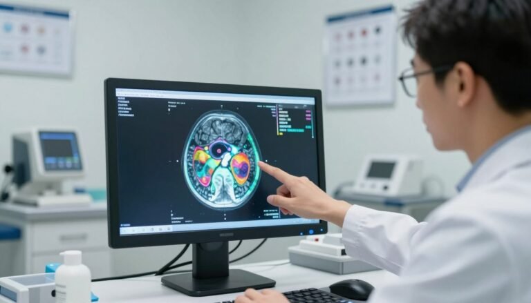 A focused ophthalmologist examining a digital OCT scan of optic nerve fiber layer thickness, wearing professional attire, such as a white lab coat and glasses. In the foreground, the ophthalmologist points at the scan on a computer screen, highlighting the intricate details of the optic nerve structure. In the middle, the glowing OCT scan displays vibrant color-coded sections to illustrate varying thickness measurements. The background features a modern, well-lit eye clinic with medical equipment, and charts, creating an atmosphere of advanced technology and precision. The lighting is bright but soft, emphasizing the clarity of the OCT image and the professionalism of the setting, inviting a sense of trust and expertise in eye health.
