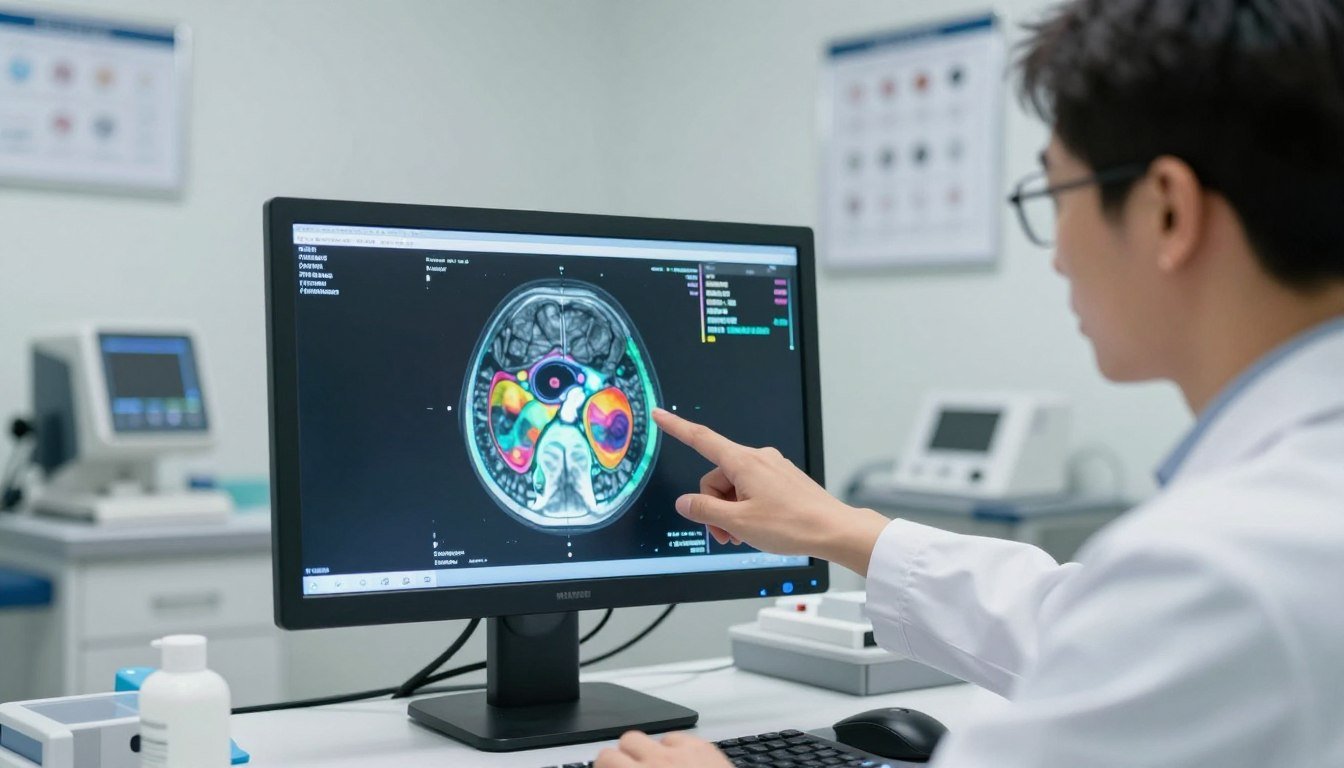 A focused ophthalmologist examining a digital OCT scan of optic nerve fiber layer thickness, wearing professional attire, such as a white lab coat and glasses. In the foreground, the ophthalmologist points at the scan on a computer screen, highlighting the intricate details of the optic nerve structure. In the middle, the glowing OCT scan displays vibrant color-coded sections to illustrate varying thickness measurements. The background features a modern, well-lit eye clinic with medical equipment, and charts, creating an atmosphere of advanced technology and precision. The lighting is bright but soft, emphasizing the clarity of the OCT image and the professionalism of the setting, inviting a sense of trust and expertise in eye health.