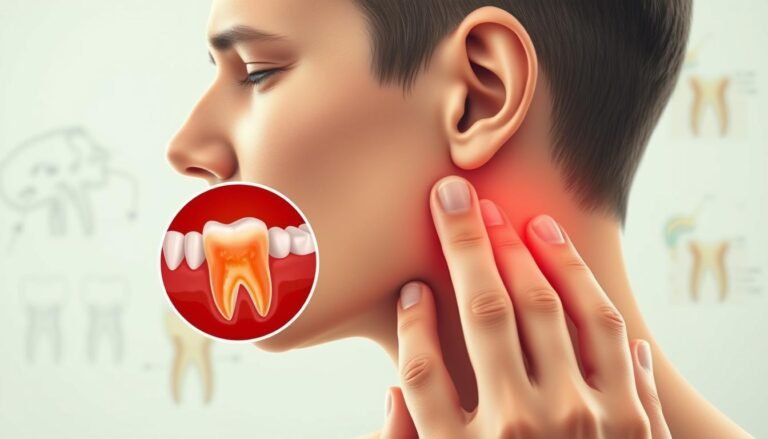 A medical illustration of a human head in profile, highlighting an impacted wisdom tooth causing inflammation in the surrounding gum tissue. In the foreground, show a close-up of the wisdom tooth and inflamed gums, depicted with vivid details such as redness and swelling. In the middle ground, depict a hand gently touching the jaw to indicate discomfort, while a subtle expression of distress is shown on the person's face. The background should be softly blurred, featuring anatomical diagrams of the jaw and teeth to add context. The lighting should be soft and clinical, with a neutral color palette to evoke a serious and informative atmosphere, emphasizing the medical aspect of wisdom tooth inflammation.