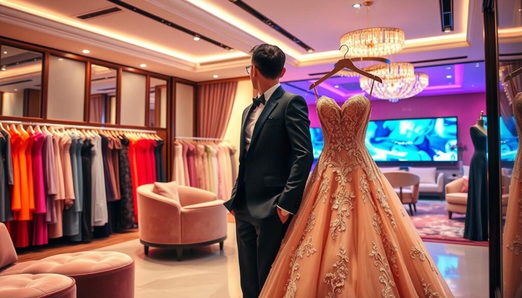 A luxury dress shop in Taipei with themes for private parties, featuring an elegant interior with plush seating and vibrant lighting. In the foreground, a stylishly dressed consultant showcases a beautiful gown with intricate details, surrounded by racks of colorful dresses. In the middle ground, a beautifully decorated private room is visible, adorned with soft drapes and an ambient glow, perfect for celebrations. The background includes a multimedia setup with dynamic lighting effects, creating a festive atmosphere. Soft, diffused lighting highlights the exquisite fabrics and textures. Capture a warm, inviting mood that emphasizes professionalism and celebration, with no people exhibiting provocative behavior. Use a shallow depth of field to focus on the dress and decor details. A luxury dress shop in Taipei with themes for private parties, featuring an elegant interior with plush seating and vibrant lighting. In the foreground, a stylishly dressed consultant showcases a beautiful gown with intricate details, surrounded by racks of colorful dresses. In the middle ground, a beautifully decorated private room is visible, adorned with soft drapes and an ambient glow, perfect for celebrations. The background includes a multimedia setup with dynamic lighting effects, creating a festive atmosphere. Soft, diffused lighting highlights the exquisite fabrics and textures. Capture a warm, inviting mood that emphasizes professionalism and celebration, with no people exhibiting provocative behavior. Use a shallow depth of field to focus on the dress and decor details.