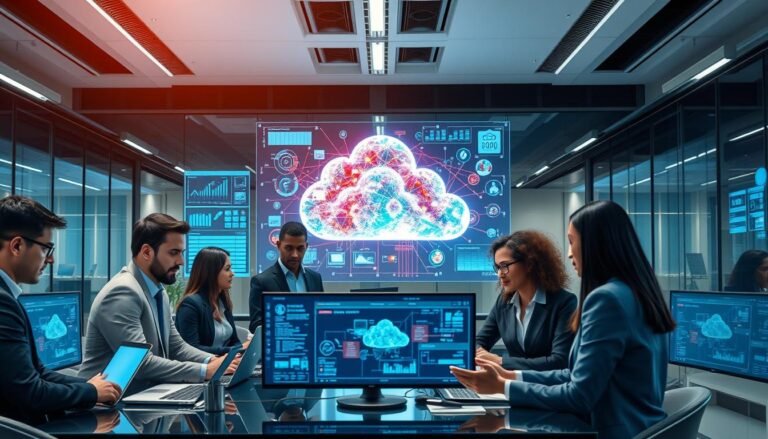 A modern, high-tech office setting illustrating the optimization strategies of a fictional entertainment technology company, 3A Entertainment. In the foreground, a diverse group of professionals in business attire, including men and women of varying ethnicities, discuss and analyze cloud data on laptops and digital tablets. They are surrounded by screens displaying complex network diagrams and graphs. In the middle, a large digital map shows optimized routing paths and cloud infrastructure, glowing with vibrant colors. The background features sleek architectural design, bright overhead lights casting a professional atmosphere, and glass partitions that reflect the teamwork spirit. The image should evoke a sense of innovation and strategic planning, with a clean and modern aesthetic.