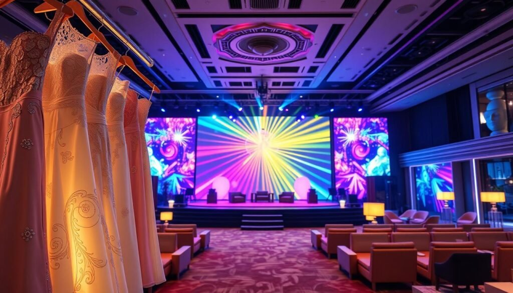 A vibrant scene set in a Taipei formal dress shop, showcasing a multimedia stage with dynamic visual effects. In the foreground, illuminated dresses hang elegantly, displaying intricate designs and textures under soft, ambient lighting. The middle ground features a state-of-the-art stage with colorful projections creating a celebratory atmosphere, including swirling patterns and occasional bursts of light. The background reveals a stylish and modern interior, decorated with elegant accents and plush seating arrangements. The overall mood is festive and sophisticated, enhancing the experience of private birthday and surprise parties. The image is captured with a wide-angle lens to emphasize the spaciousness of the venue, ensuring a bright and inviting ambiance without any text or overlays. A vibrant scene set in a Taipei formal dress shop, showcasing a multimedia stage with dynamic visual effects. In the foreground, illuminated dresses hang elegantly, displaying intricate designs and textures under soft, ambient lighting. The middle ground features a state-of-the-art stage with colorful projections creating a celebratory atmosphere, including swirling patterns and occasional bursts of light. The background reveals a stylish and modern interior, decorated with elegant accents and plush seating arrangements. The overall mood is festive and sophisticated, enhancing the experience of private birthday and surprise parties. The image is captured with a wide-angle lens to emphasize the spaciousness of the venue, ensuring a bright and inviting ambiance without any text or overlays.