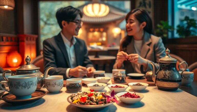 A cozy and intimate tea service scene in Taichung, featuring a beautifully arranged tea table with various customizable tea options, intricate teapots, and elegant cups. In the foreground, a couple dressed in smart casual attire joyfully discusses their personalized selections, showcasing diverse flavors and aromas. Soft, warm lighting bathes the scene, creating a romantic atmosphere. The middle section highlights an assortment of colorful tea ingredients arranged artistically, with delicate flowers and herbs. In the background, a softly blurred view of a traditional Taiwanese tea house enhances the cultural context. Capture a cinematic vibe with a 4:3 aspect ratio, emphasizing the sensory experience of personalized tea service.