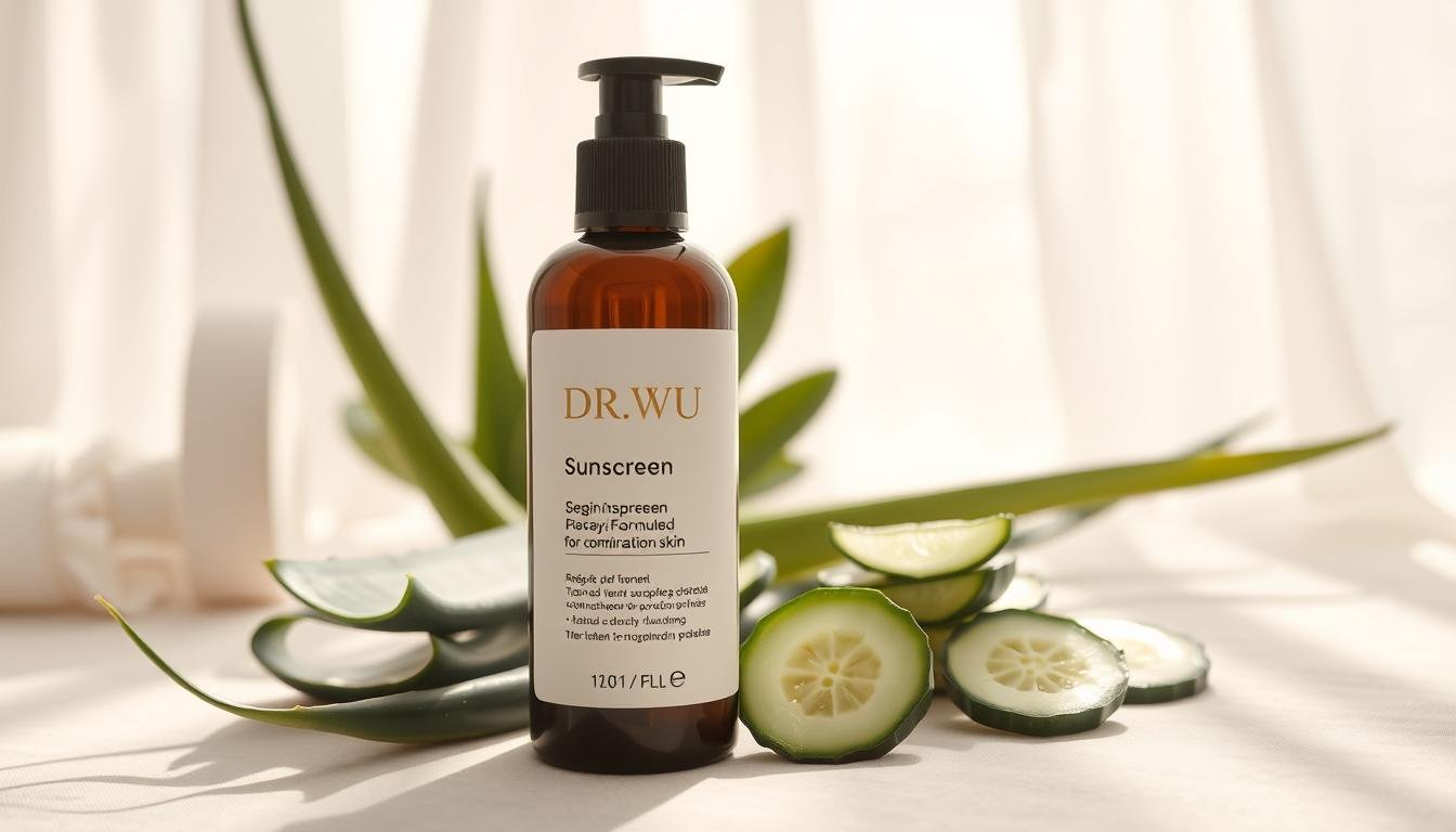 A flat lay image showcasing a highly detailed, professional-looking bottle of DR.WU sunscreen specifically formulated for combination skin. The foreground features the sunscreen prominently displayed, with the label easy to read, emphasizing its key ingredients. The middle ground includes natural elements like aloe vera leaves and cucumber slices to symbolize hydration and moisture. In the background, soft sunlight filters through gauzy curtains, creating a warm and inviting atmosphere. The color palette is soft pastels, enhancing the soothing mood of skincare. The scene is captured with a close-up lens, and the angle is slightly tilted to provide a dynamic perspective, ensuring a clean, organized, and aesthetically pleasing composition without any text or distractions. The overall feel of the image is fresh, clean, and suitable for an informative article on skincare.